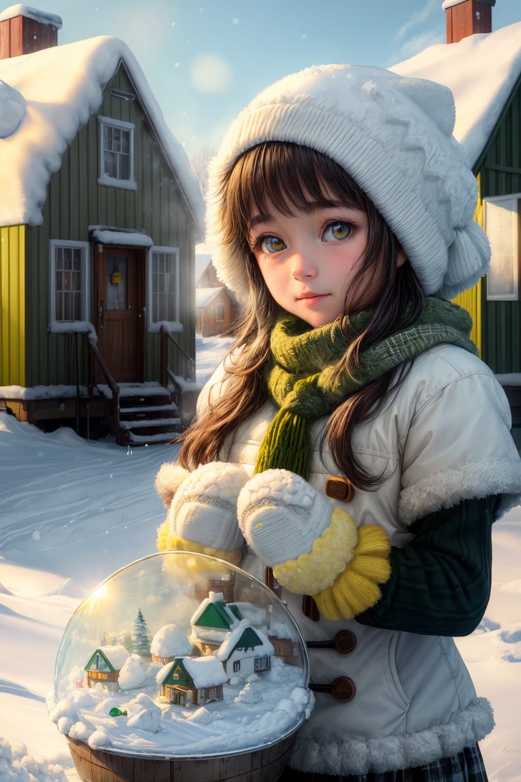 AI generated: A high resolution oil painting, beautiful girl making snowballs, by Lawren Harris, yellow and green ...