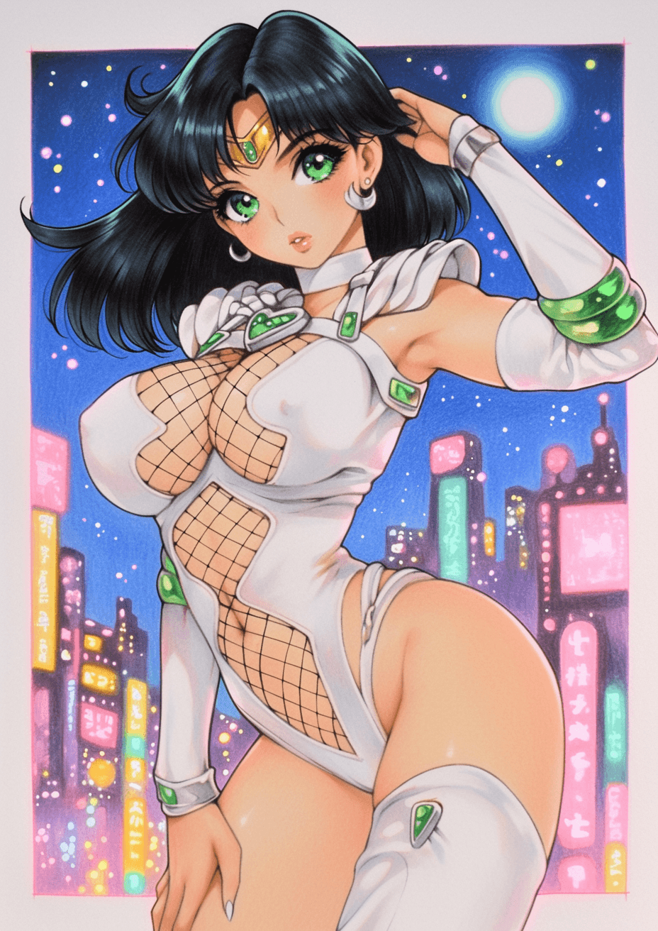 AI generated: a color pencil drawing of Sailor-Vyra from Sailor Moon, feminine curves, feminine body with large hi...