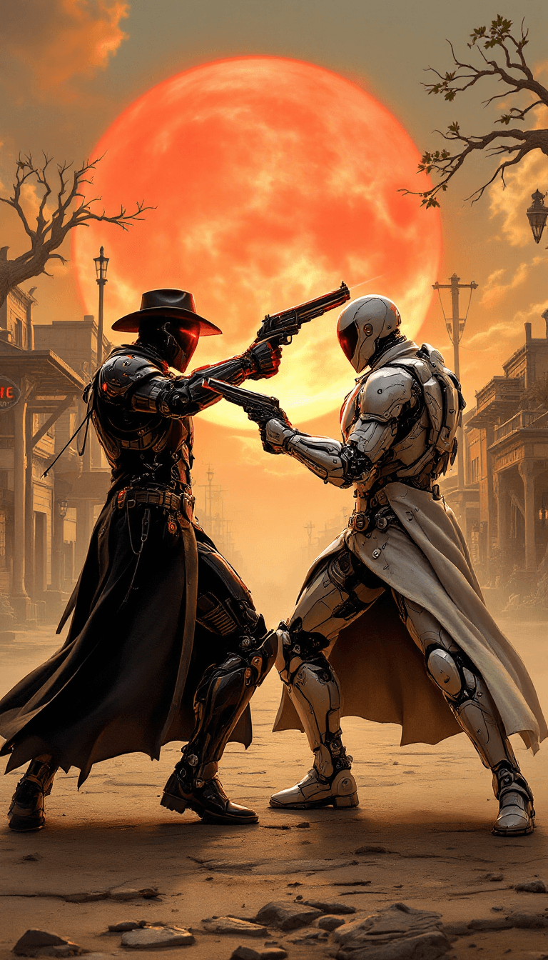AI generated: A duel at high noon in the 'Cybernetic Wild West', with combatants using laser-sighted six-shooters ...