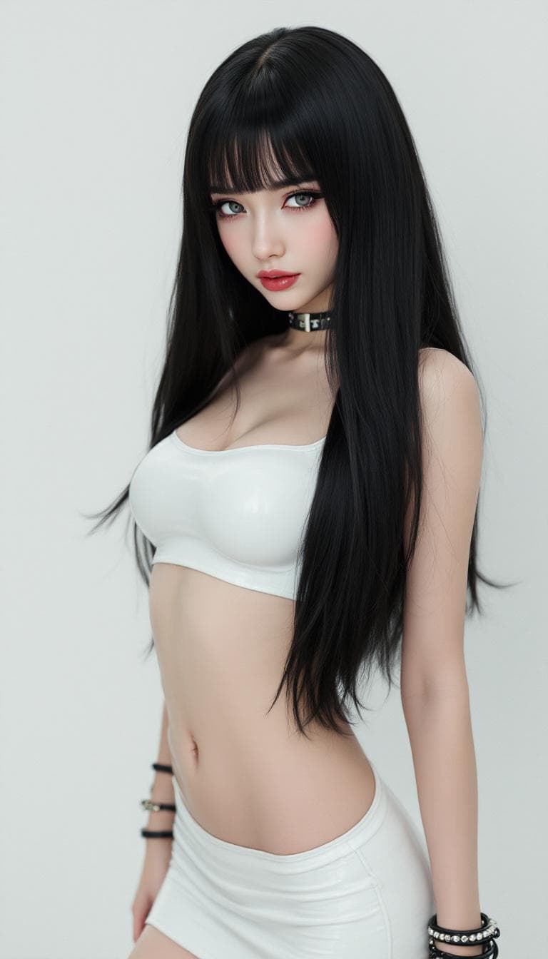AI generated: SFW, Blowout Long Dark Hair, perfecct face, Skinny body, abs, detailled face, white latex, form-fitt...