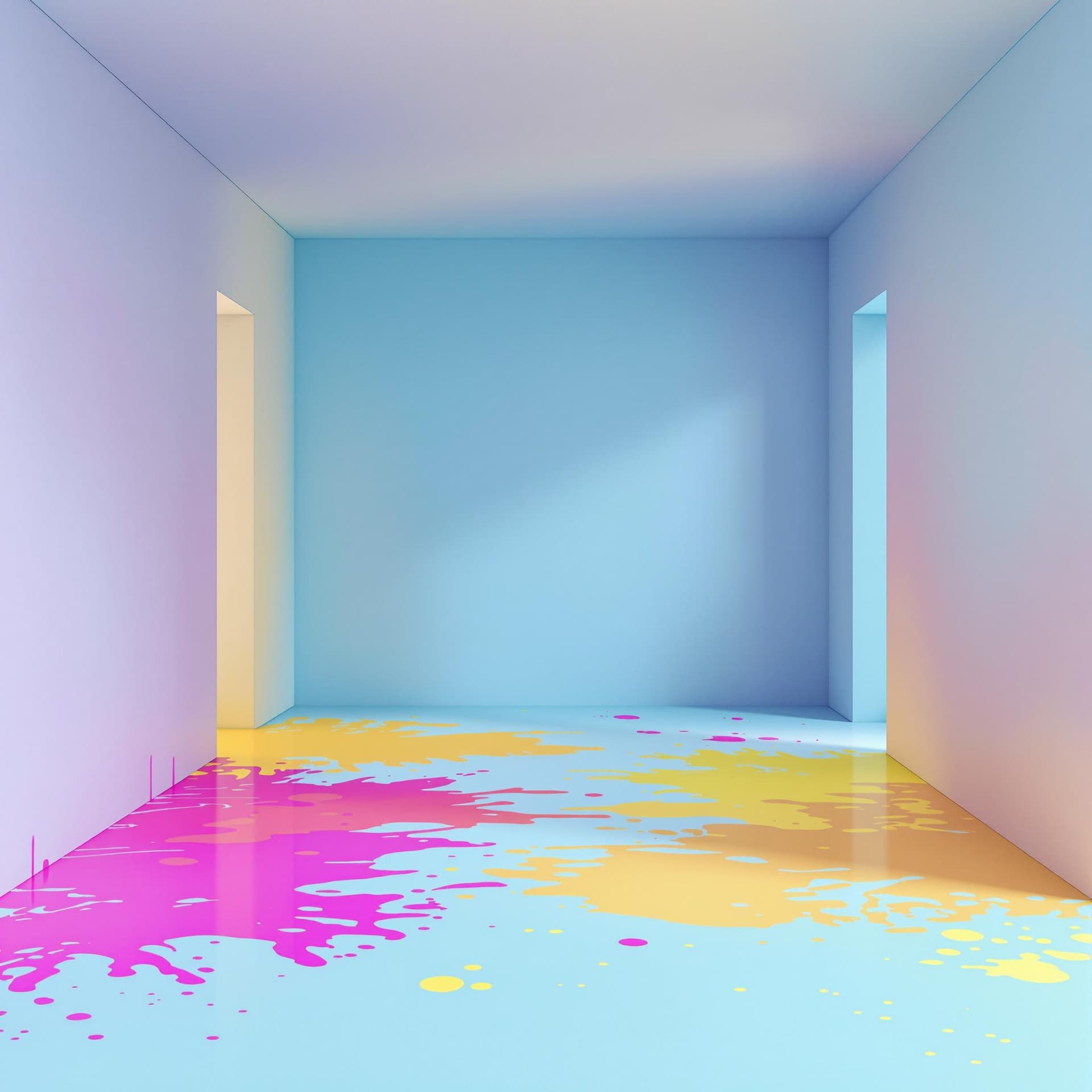 AI generated: empty colorful abstract room with 4 walls no windows or doors only walls, colorful paint spills on t...