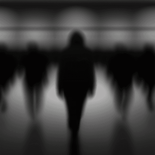 AI generated: "A grayscale image depicting a solitary figure walking alone in a crowd. The background consists of ...