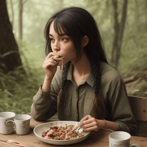 AI generated: A wild woman eating in primitive clothes