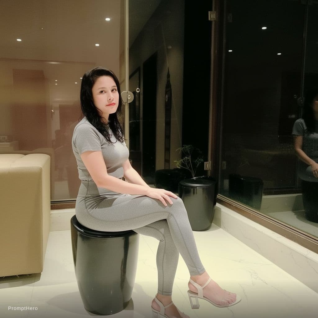 AI generated: A woman in grey bra and grey leggings with natural large breast no face change no background change 