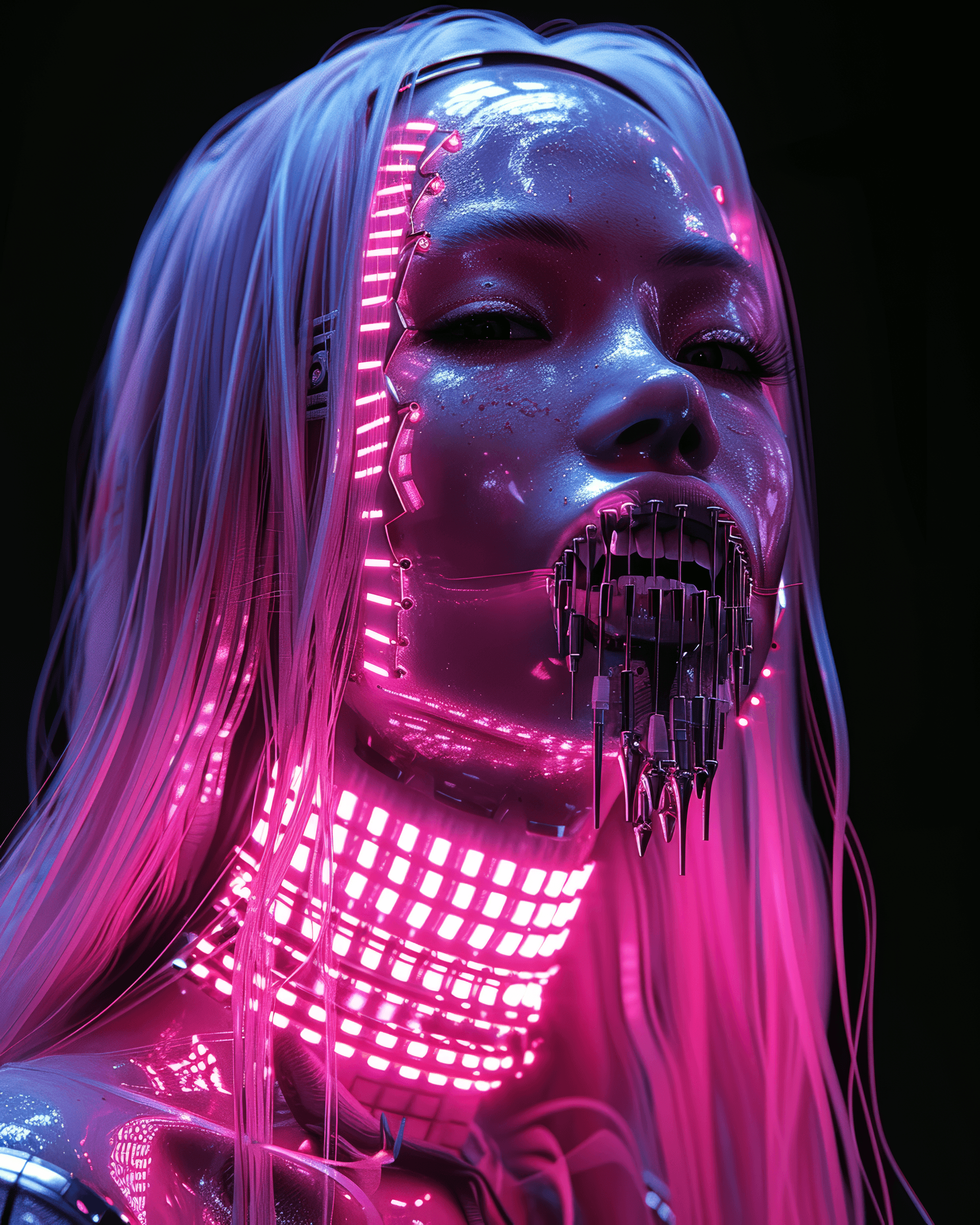 AI generated: robotic woman with long metallic fangs as teeth, with a neon pink holographic screen, long white hai...