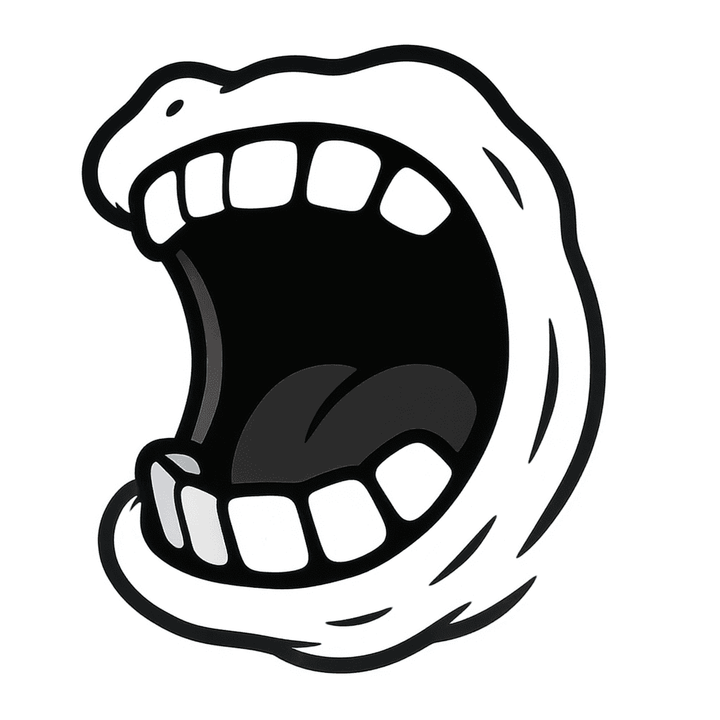 AI generated: A bold, simplified cartoon mouth viewed from the side, wide open as if shouting or about to eat some...