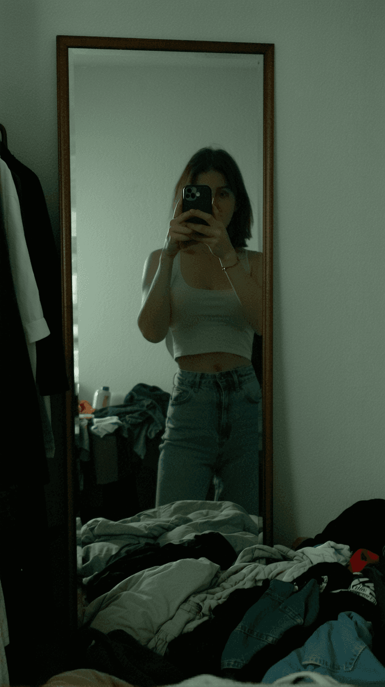 AI generated:  woman stands in front of a mirror, capturing a selfie. The image quality is grainy, with a slight b...
