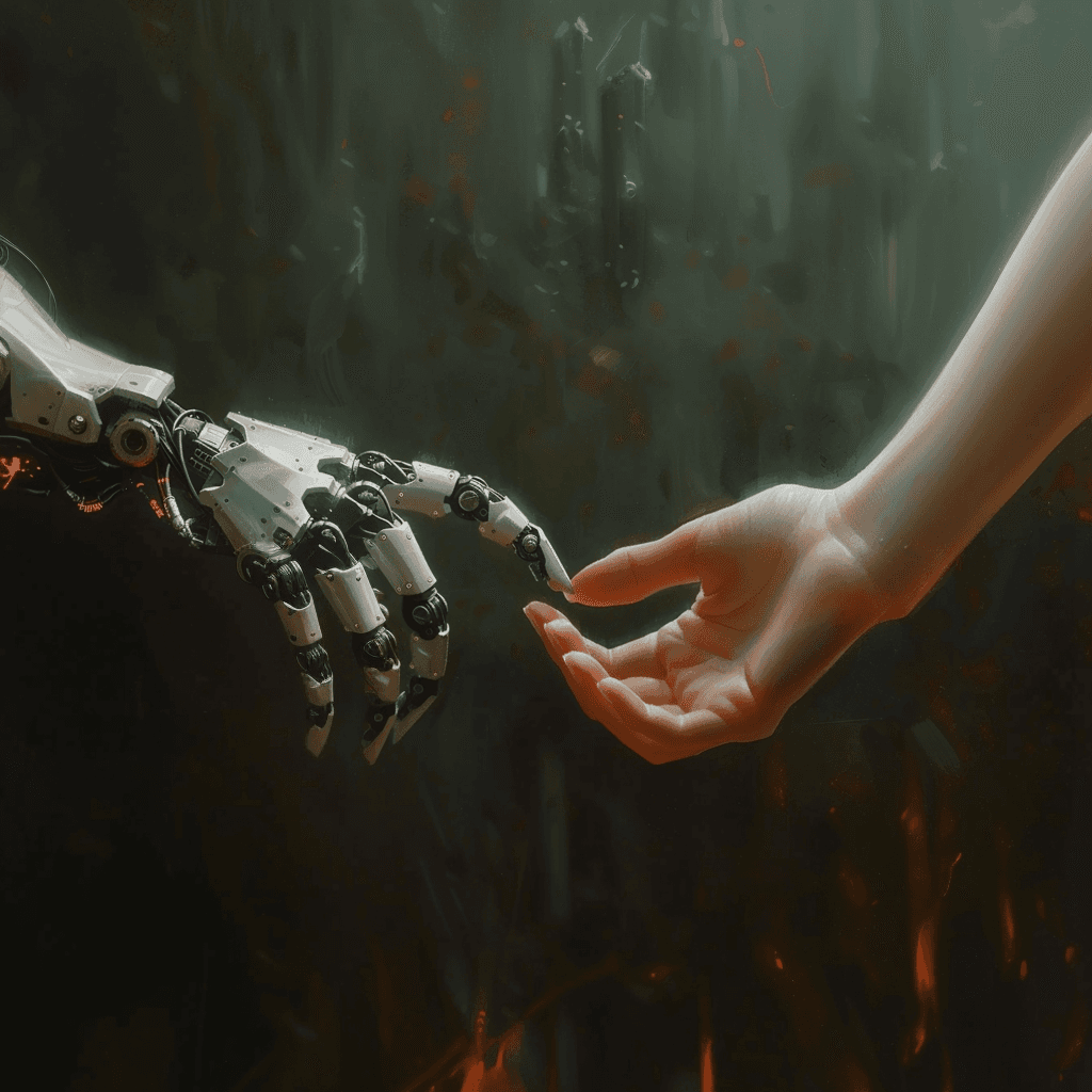 AI generated: A female hand reaching out to touch the finger of an advanced robot, detailed realistic painting in ...
