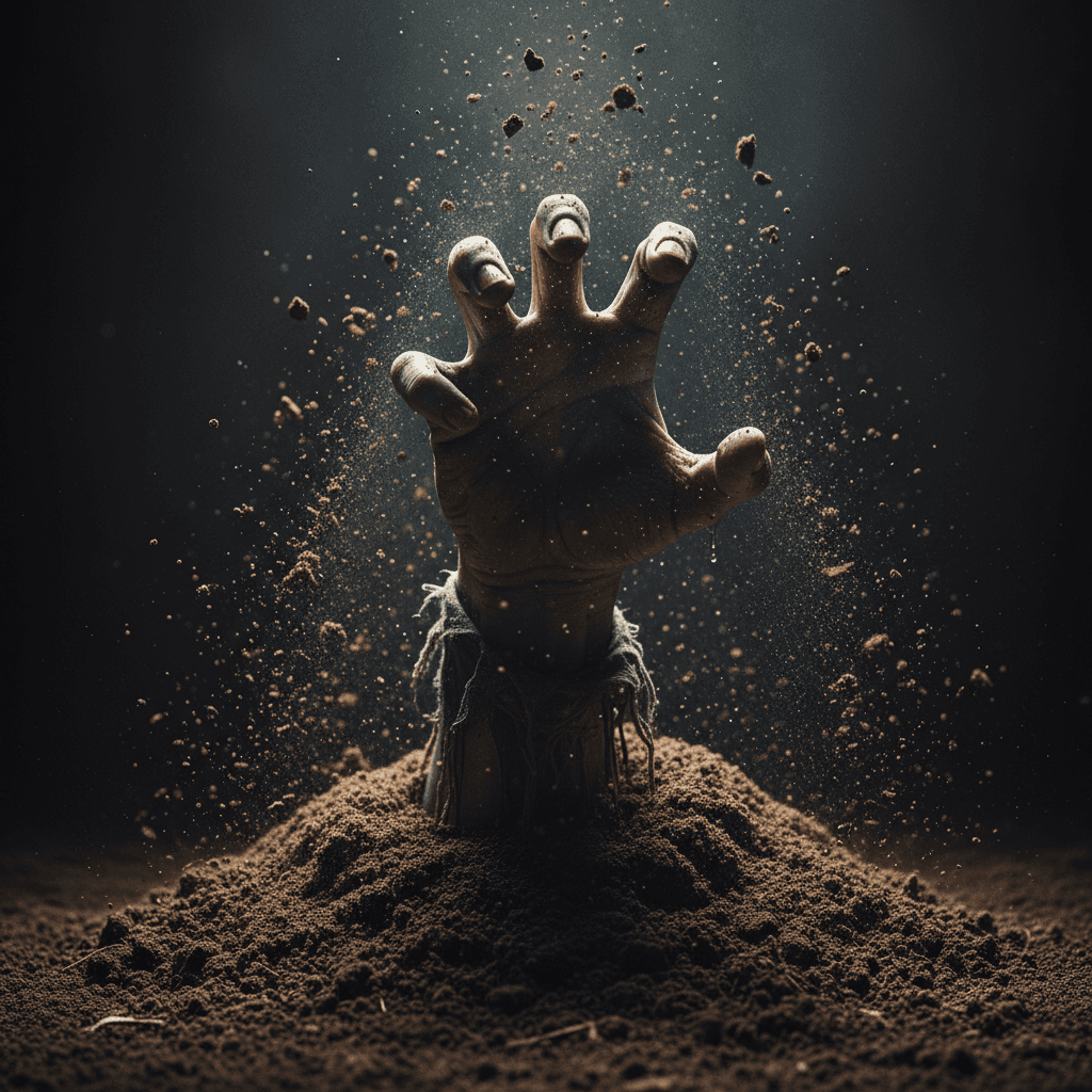 AI generated: "A zombie hand breaking through dirt — extreme close-up, cinematic lighting from below, soil and dus...