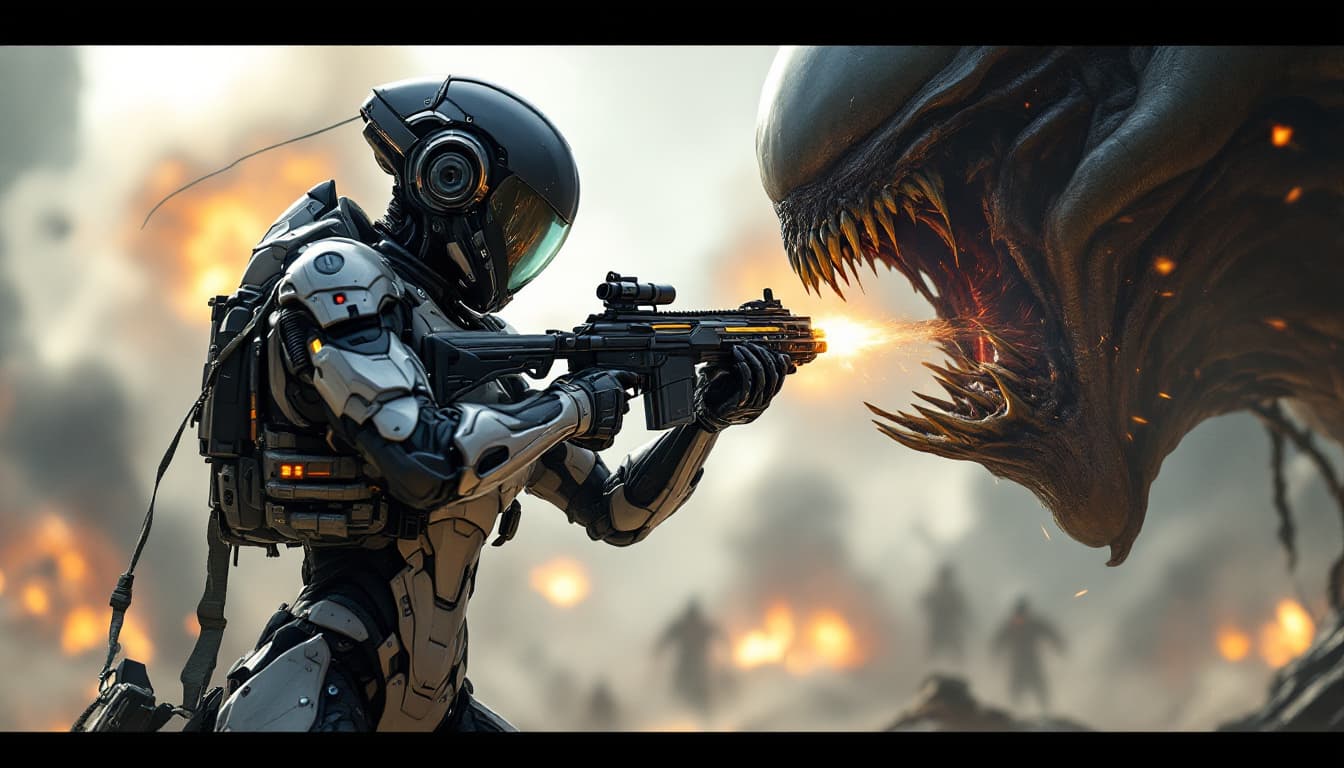 AI generated: A futuristic female soldier fighting wearing sci-fi battle armor in an alien warzone bright backgrou...