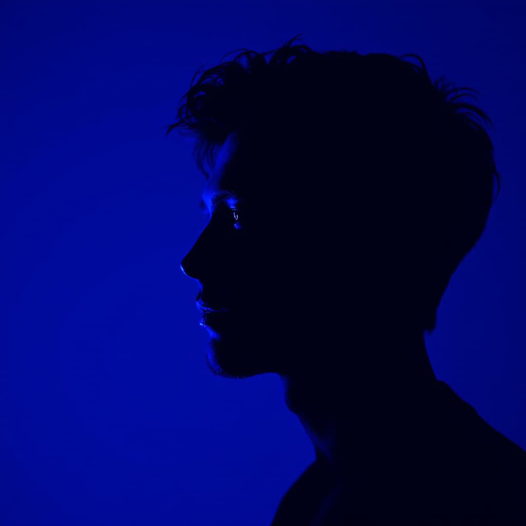 AI generated: photography, front, gaze, portrait, contrast, profile silhouette of a man against a vibrant deep blu...