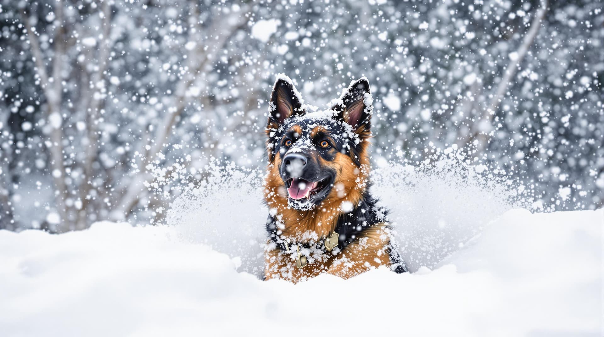 AI generated: Whimsical, snowy blizzard,  german shepherd jumping into the snow, movement, peeking out of the snow...