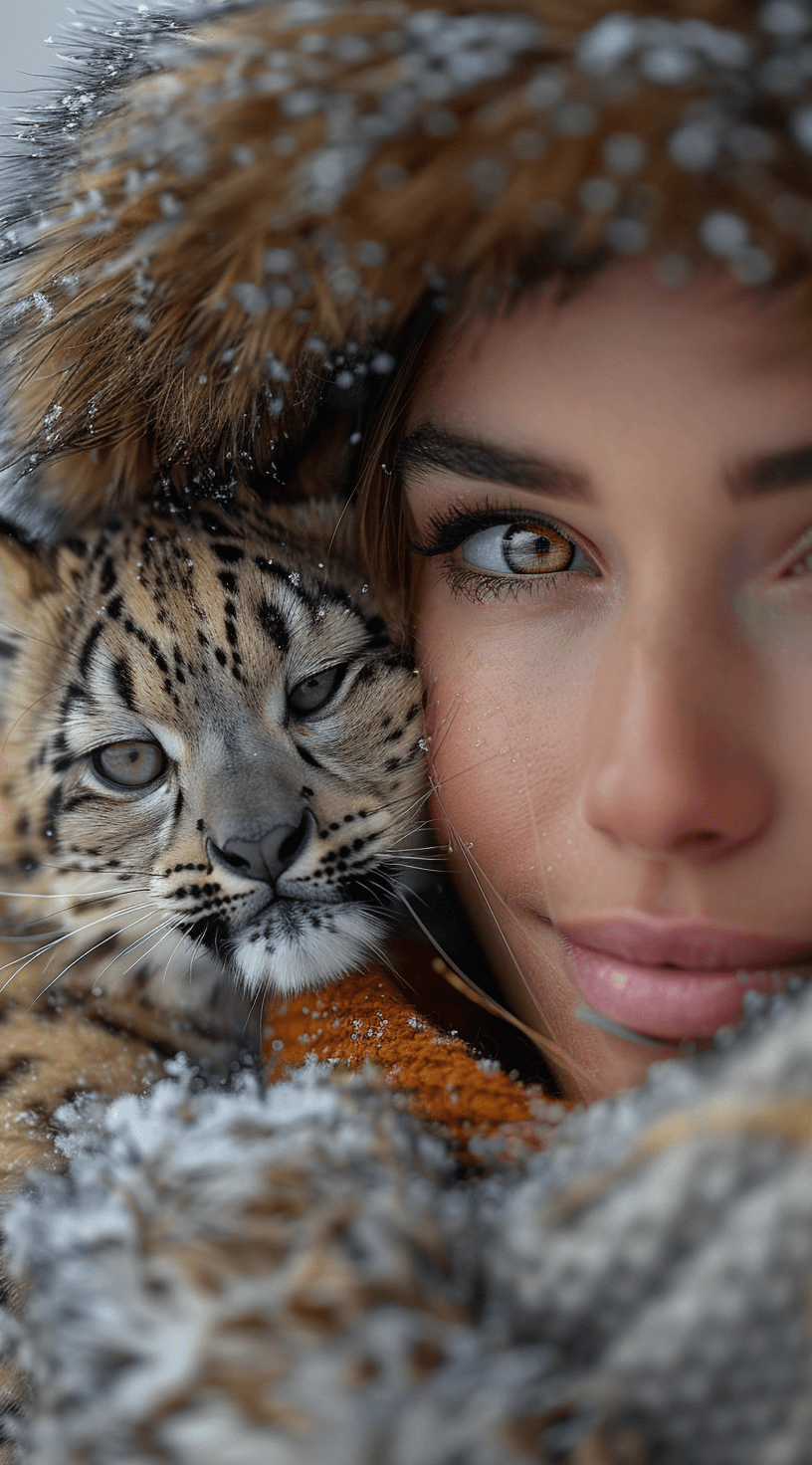 AI generated: A beautiful woman wearing winter clothes and holding an adorable snow leopard cub, with a closeup of...