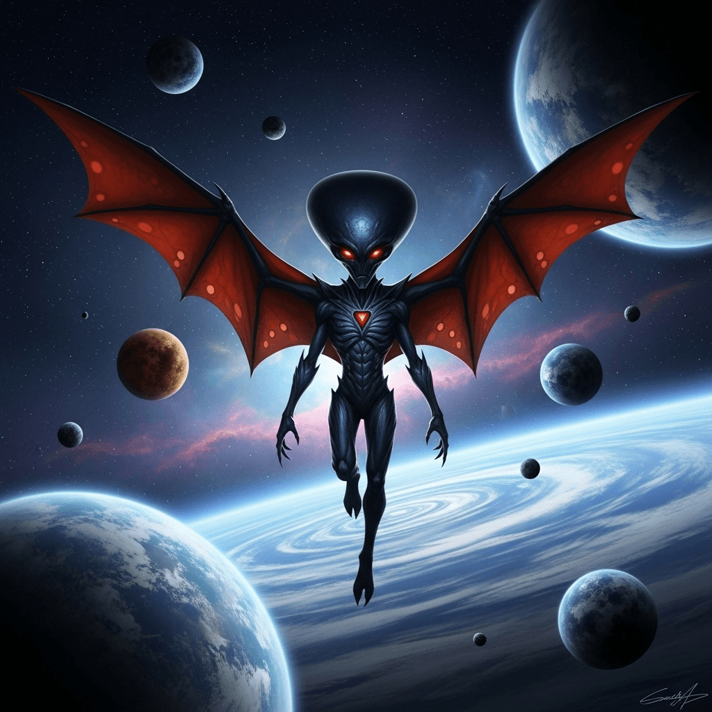 AI generated: un alienigena con forma triangular con una cabeza enorme volando por el espacio con una alas enormes...