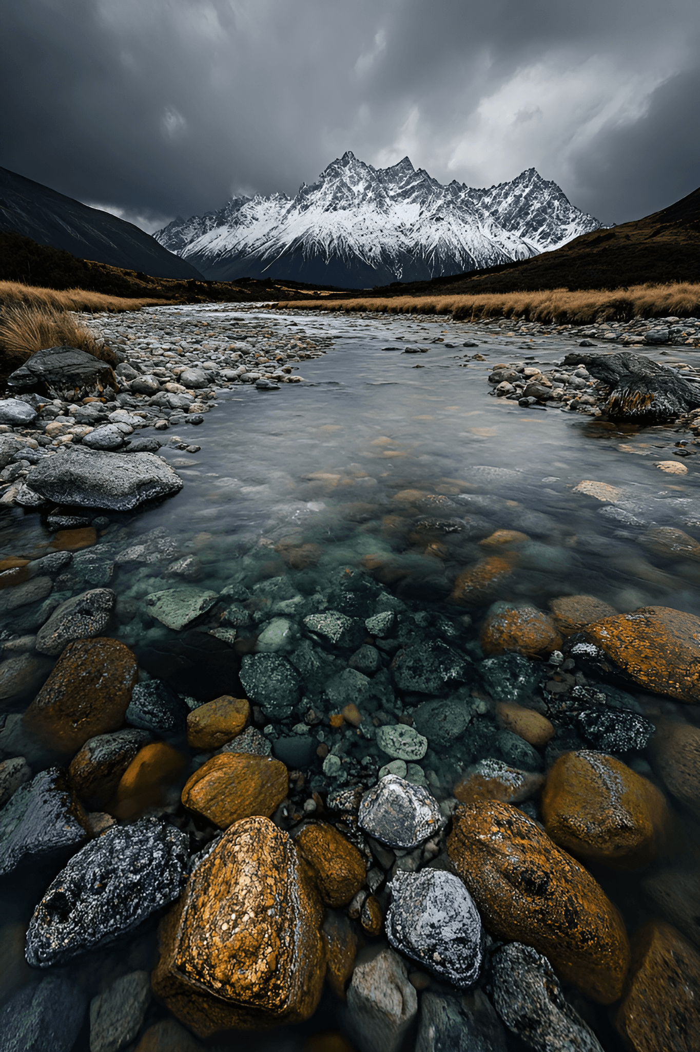AI generated: Dramatic landscape photograph of a glacial river flowing towards a snow-capped mountain range under ...