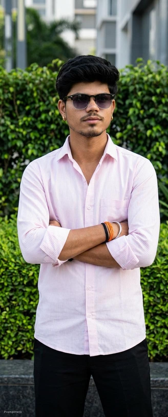 AI generated: Ultra-realistic outdoor fashion portrait of a handsome young South Asian man standing confidently be...