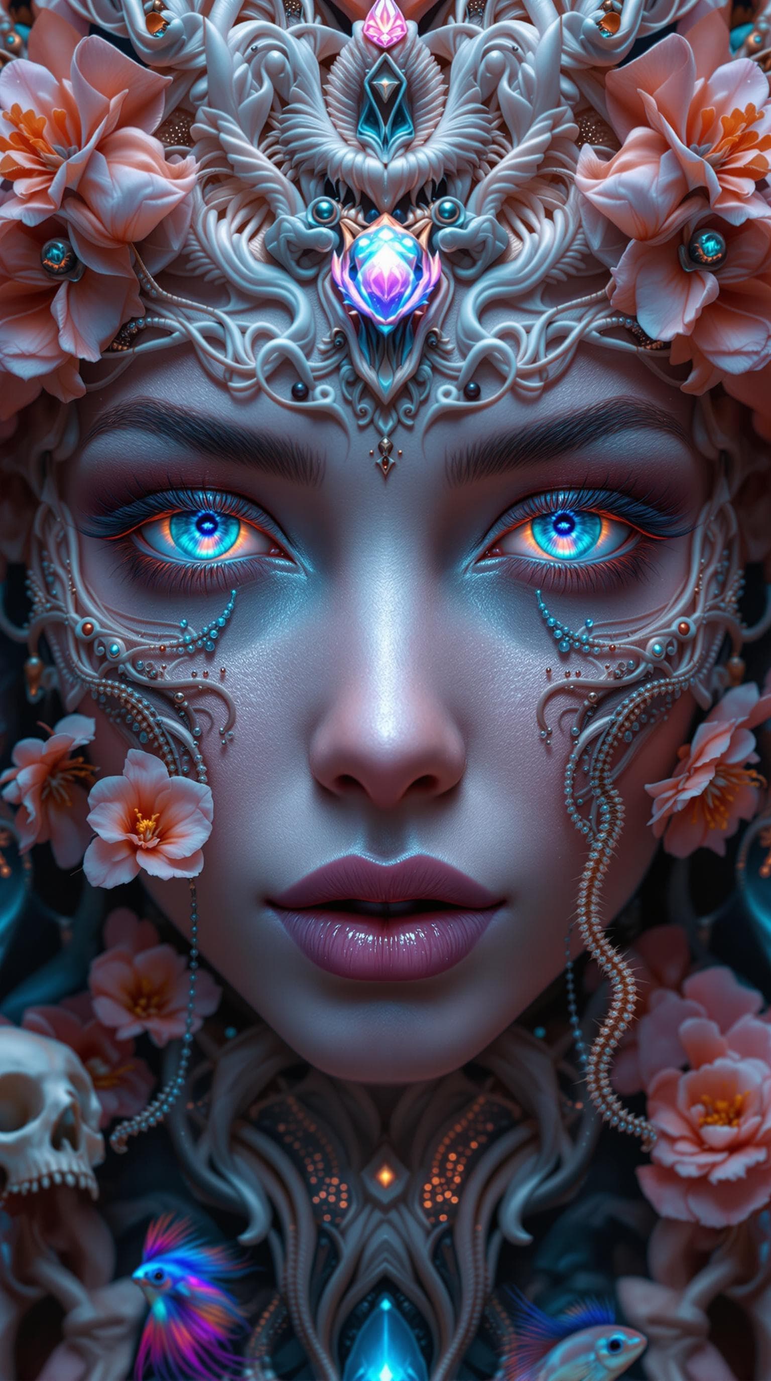 AI generated: Goddess close-up portrait ribcagel. jellyfish phoenix head, nautilus, orchid, skull, betta fish, bio...