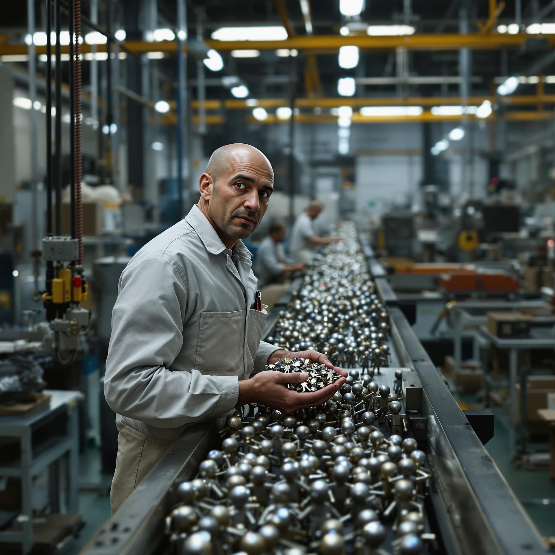 AI generated: In the photo, a thin factory worker on the shop floor stands by a conveyor belt along which tin sold...