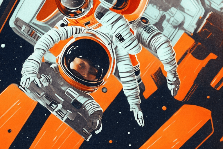 AI generated: Female astronaut in retro-futuristic orange spacesuit, style of 2001 - A Space Odyssey. In spaceship...