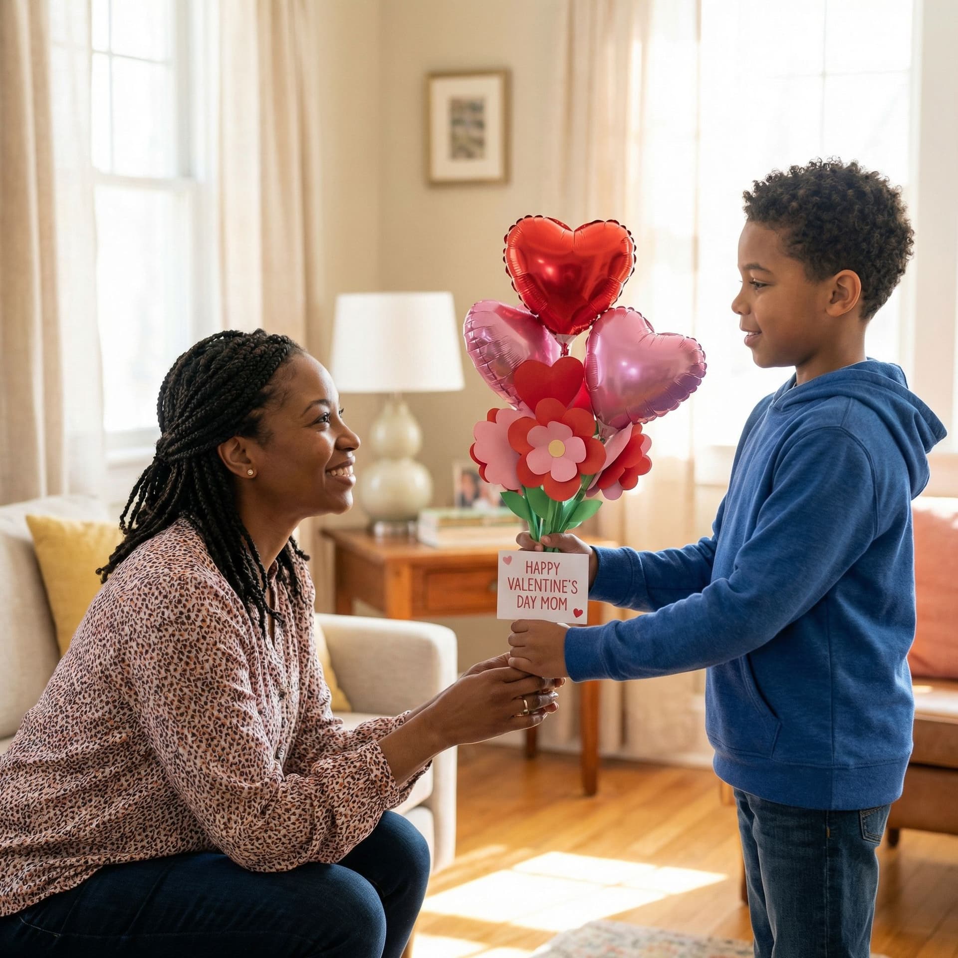 AI generated: 4K HD side view of an African American 10-year-old boy gives a heart bouquet to his mother for Valen...
