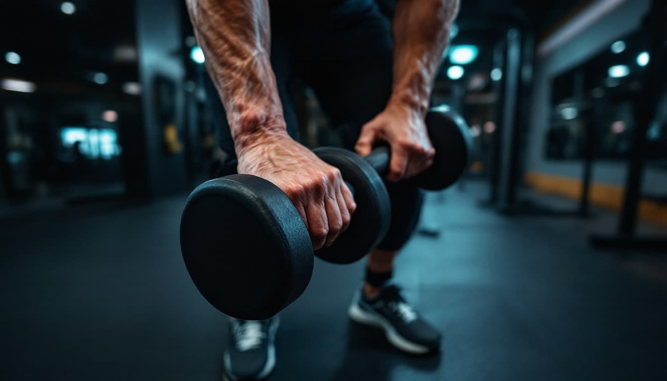 AI generated: POV first-person, I am lifting dumbbells in a gym. Only my hands (holding the dumbbells correctly) a...