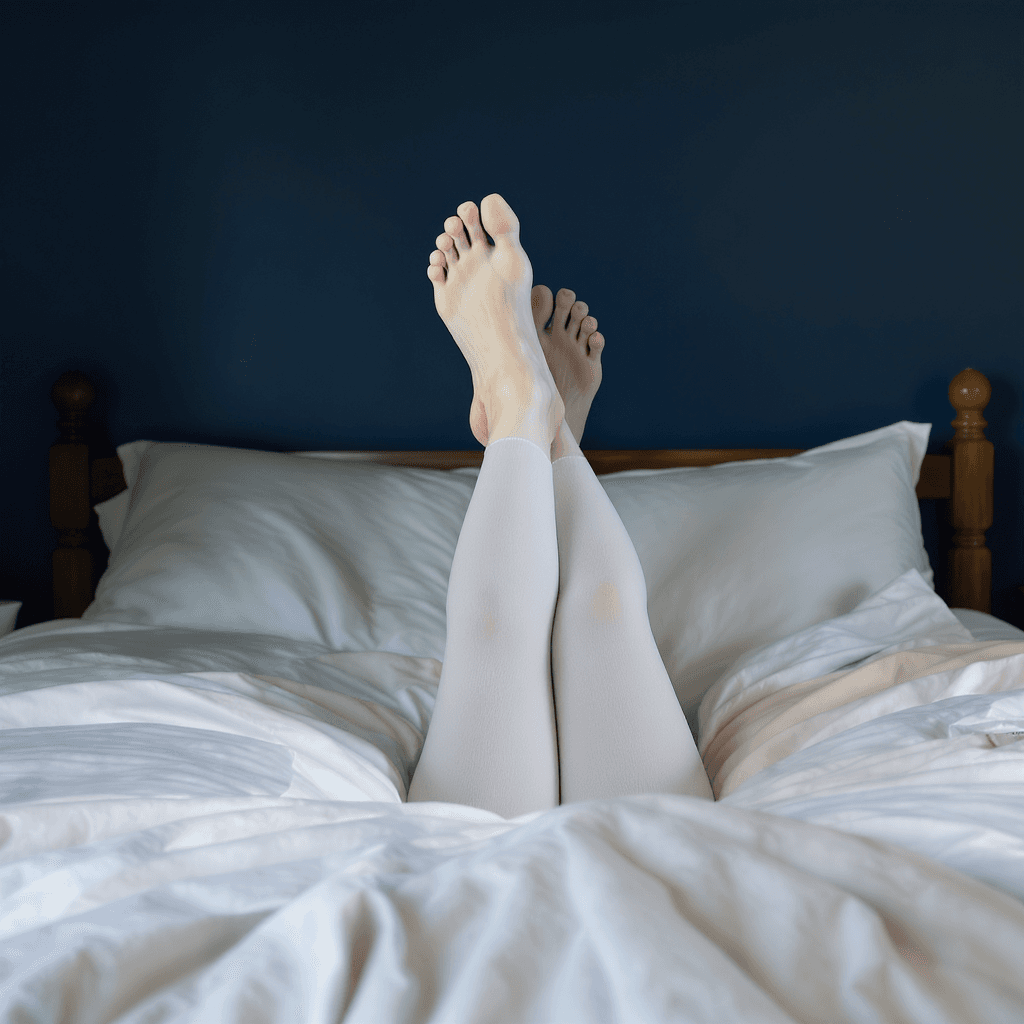 AI generated: white woman with feet in the air laying on bed, navy blue walls
