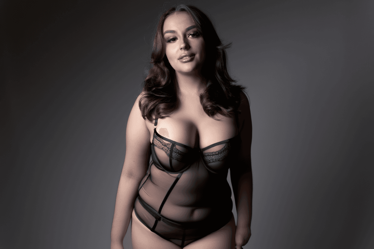 AI generated: in sheer lingerie at a fashion shoot. 