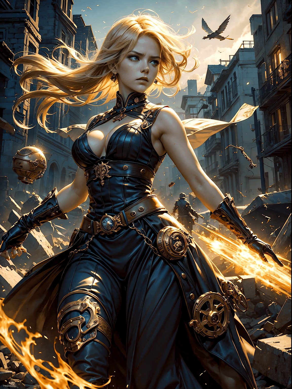 AI generated: She has an angry look on her face. Blonde hair and blue eyes. She wears a steampunk renaissance dres...