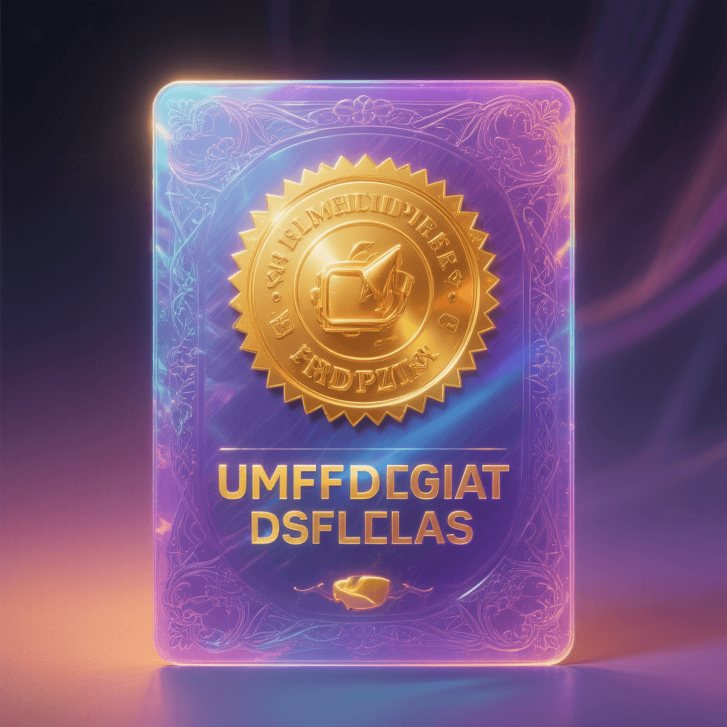 AI generated: "Premium digital license card, holographic with gold (#FFD700) seal and purple (#B93AF4) border, fla...