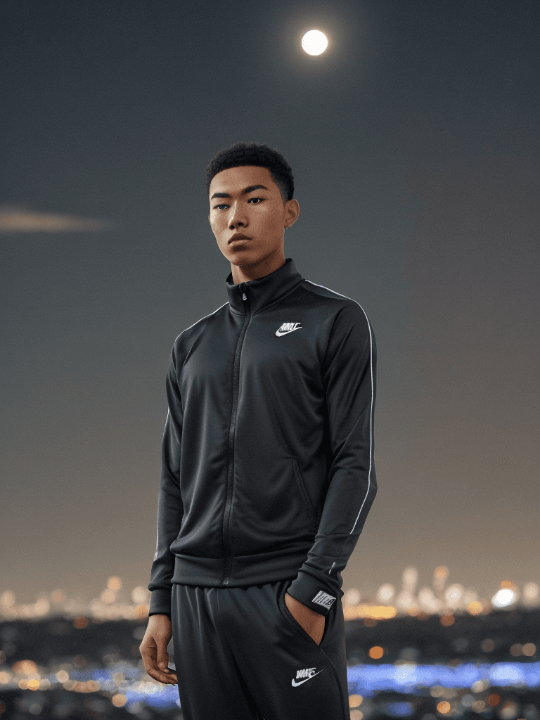 AI generated: young man moai head using nike tracksuit, accurate symmetry of the sky, night time, big full moon ab...