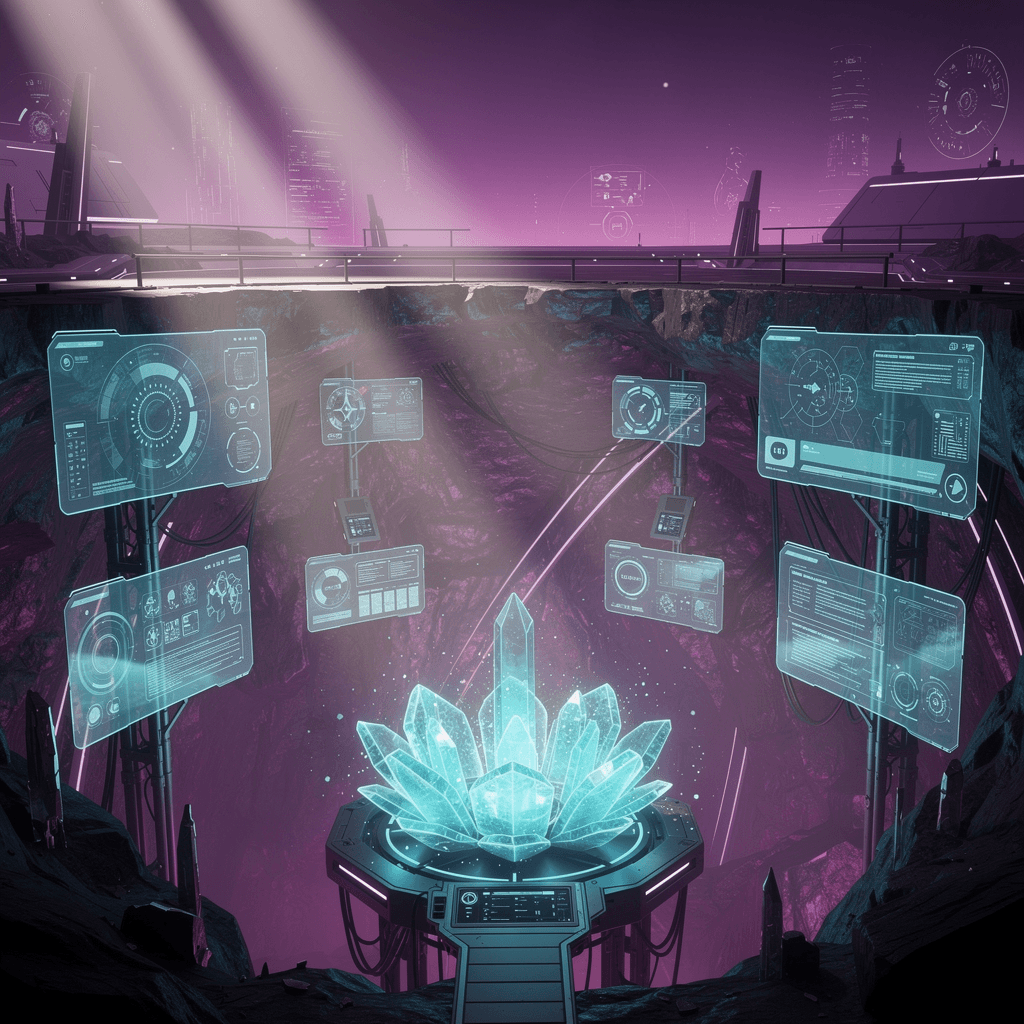 AI generated: holographic command center emerging from mine, panoramic view transitioning from 
underground to ele...
