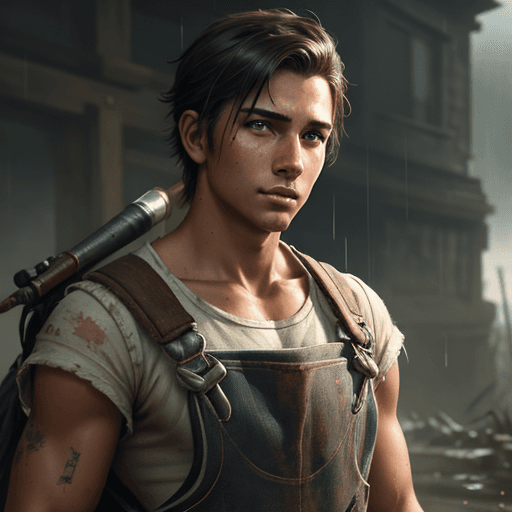 AI generated: closeup portrait, attractive male adventurer, dainty figure, single strap paint covered overalls, ra...