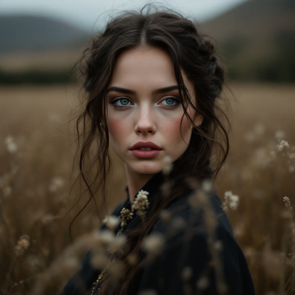 AI generated: the woman in the field is dressed for the camera, in the style of daria endresen, kris knight, scott...