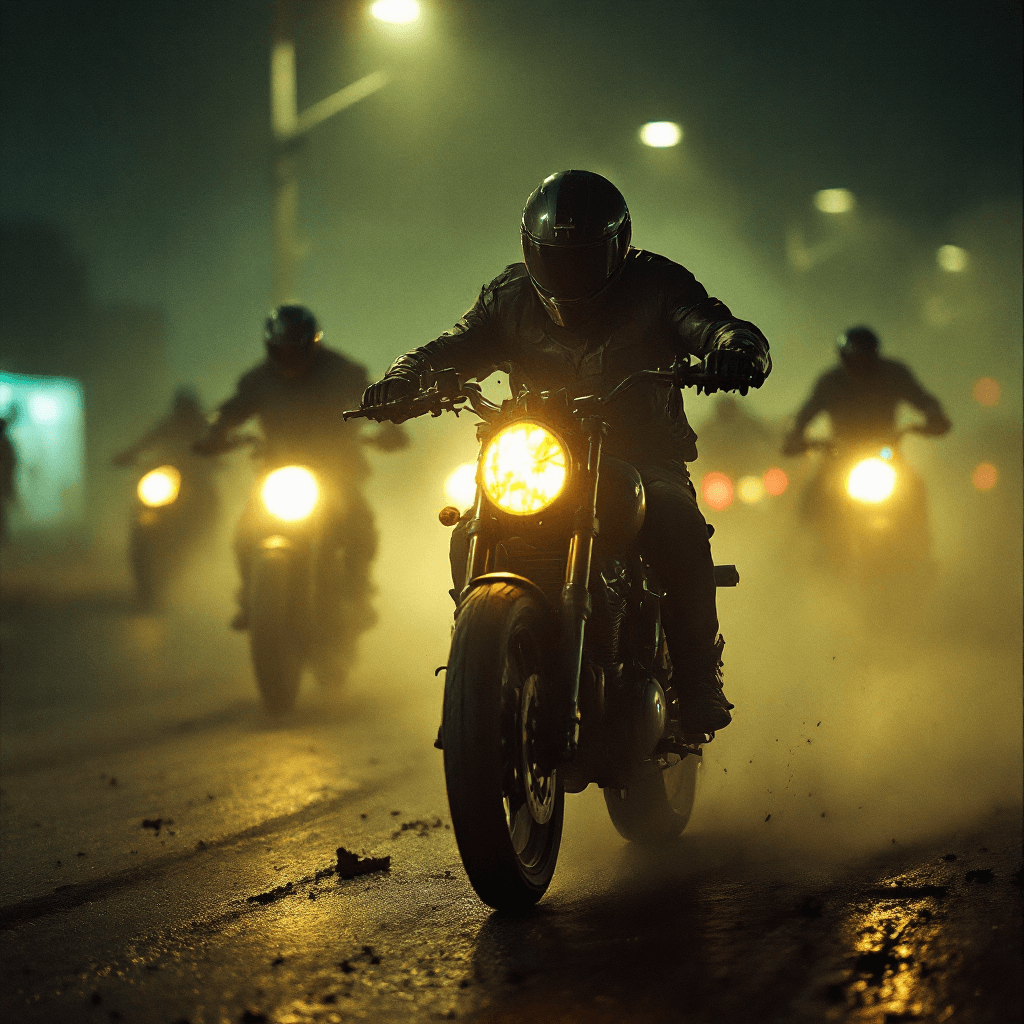 AI generated: CINEMATIC SHOT, AN INTENSE  MOTORCYCLE NIGHT
RACE, UNDER CITY spot LIGHTS, REBELLIOUS, DUSTY::1,
S...