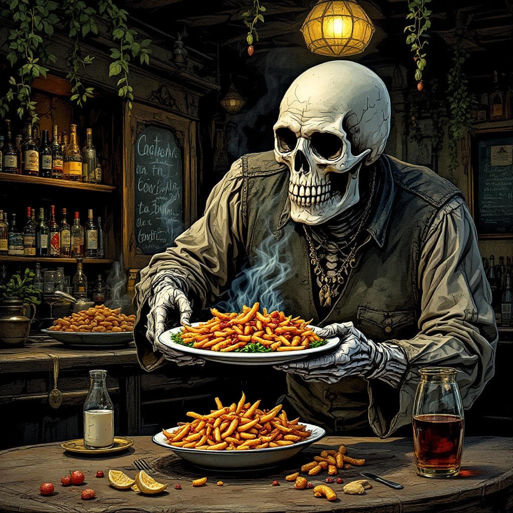 AI generated: Quiero la imagen de la muerte ofreciéndome un plato de coquinas recién hecho. La imagen tiene que se...