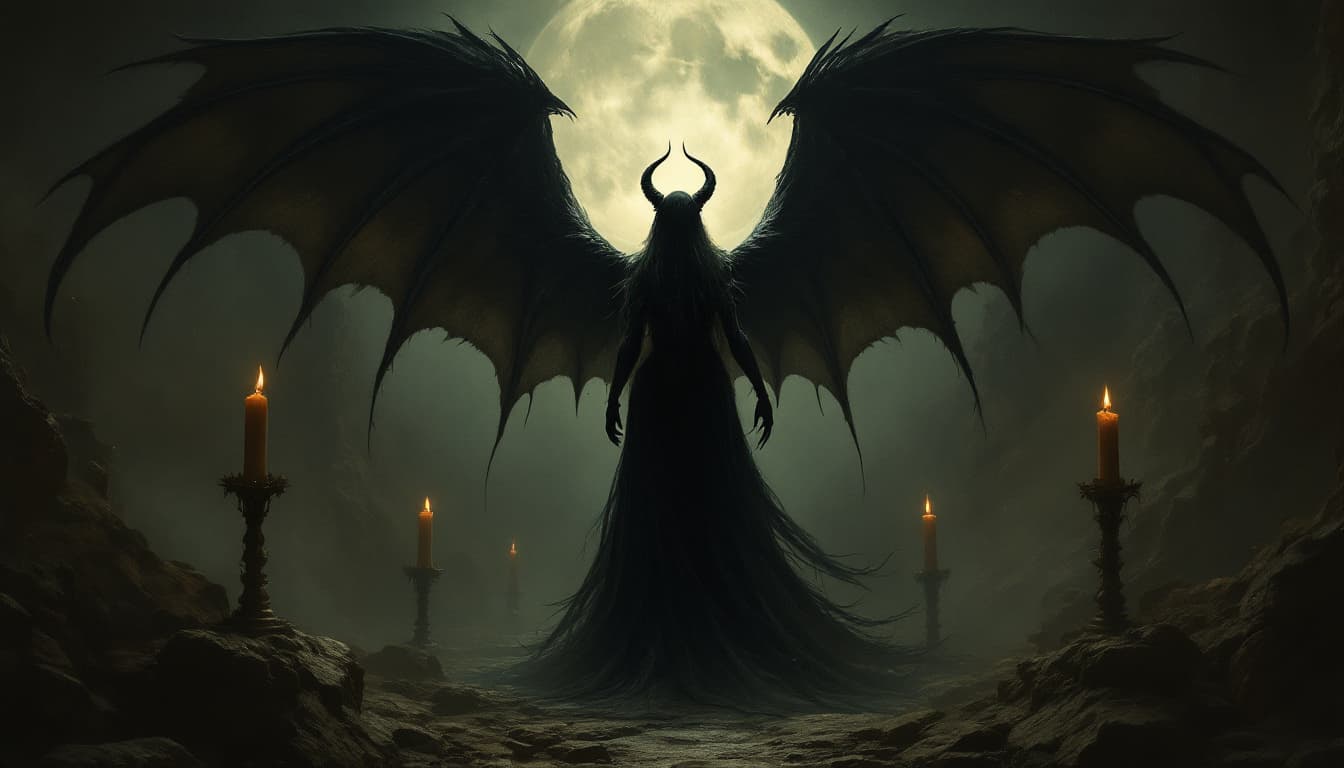 AI generated: heavy brown haze darkness atmosphere, full body of profile beautiful queen vampire, black long hair,...