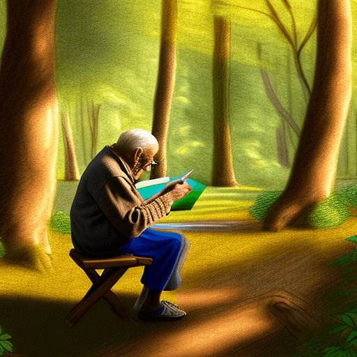 AI generated: a kind old man sketches a drawing in the style of Leonardo Da Vinci, in a beautiful forest, vibrant ...