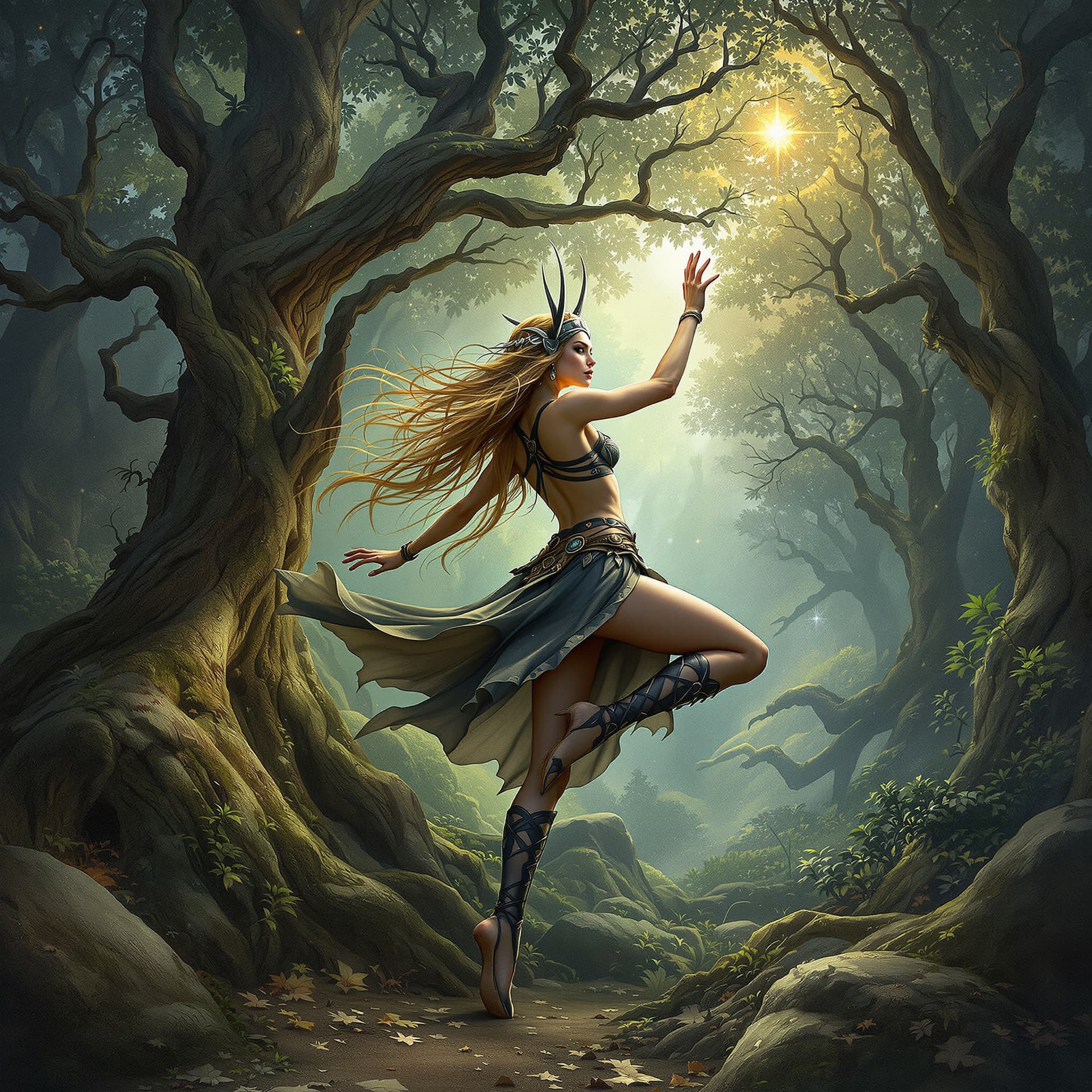 AI generated: Perfectly looking Beauty Viking druid girl dancing posing back in a enchanting forest extra detailed...