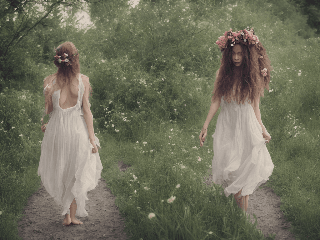AI generated: photography, realistic, woman, messed hair wearing a flower crown and a delicate dress walking by th...