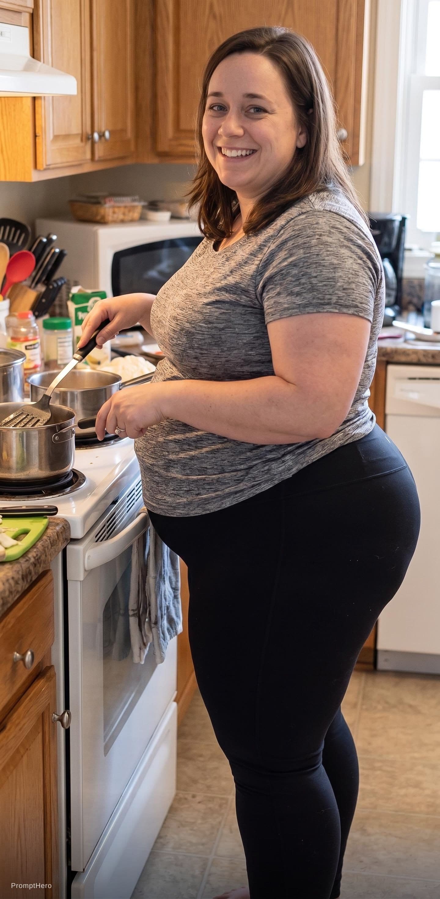 AI generated: A  massive plus size extremely morbidly obese hot 30 year old white woman dressed in yoga pants. Yog...