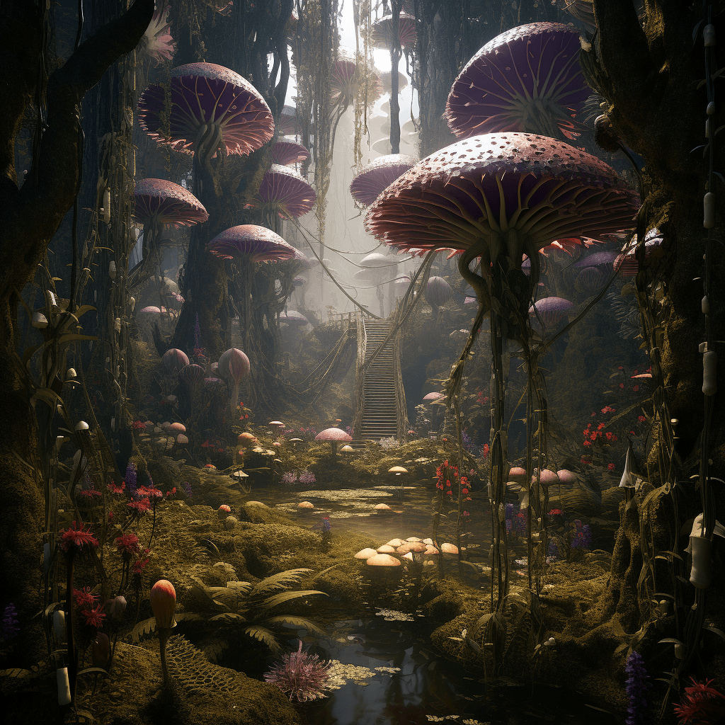 AI generated: captivating neverending rainforest made of wonderland, variety of alien flora and fauna, high detail...