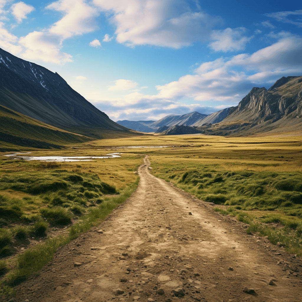AI generated: 4k HD image of a desolate road, rugged mountains, sparse vegetation. (Master and disciple ) walking ...