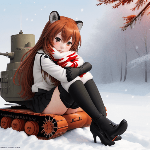 AI generated: taiga aisaka, anime, sit on tank and hug gun turret, winter red school uniform, long hair, high deta...