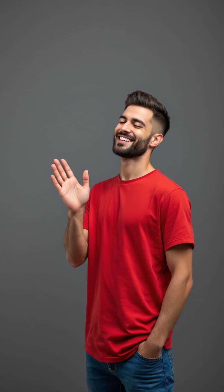 AI generated: photograph of a handsome, happy caucasian man standing, waving his hand to the viewer. eyes closed, ...
