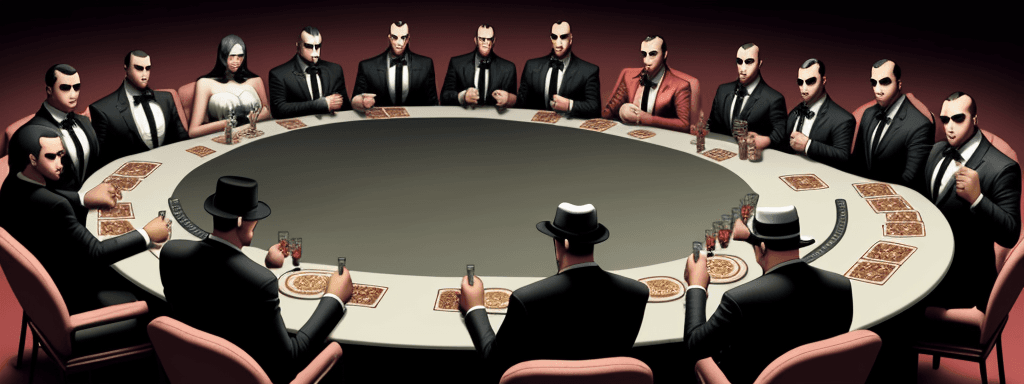 AI generated: mafia,12person,table,game,talking,real face,real people
