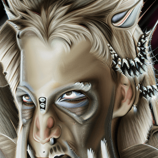 AI generated: A stunningly intricate close up portrait of a couple with a white werewolf, (((luis royo and julie b...