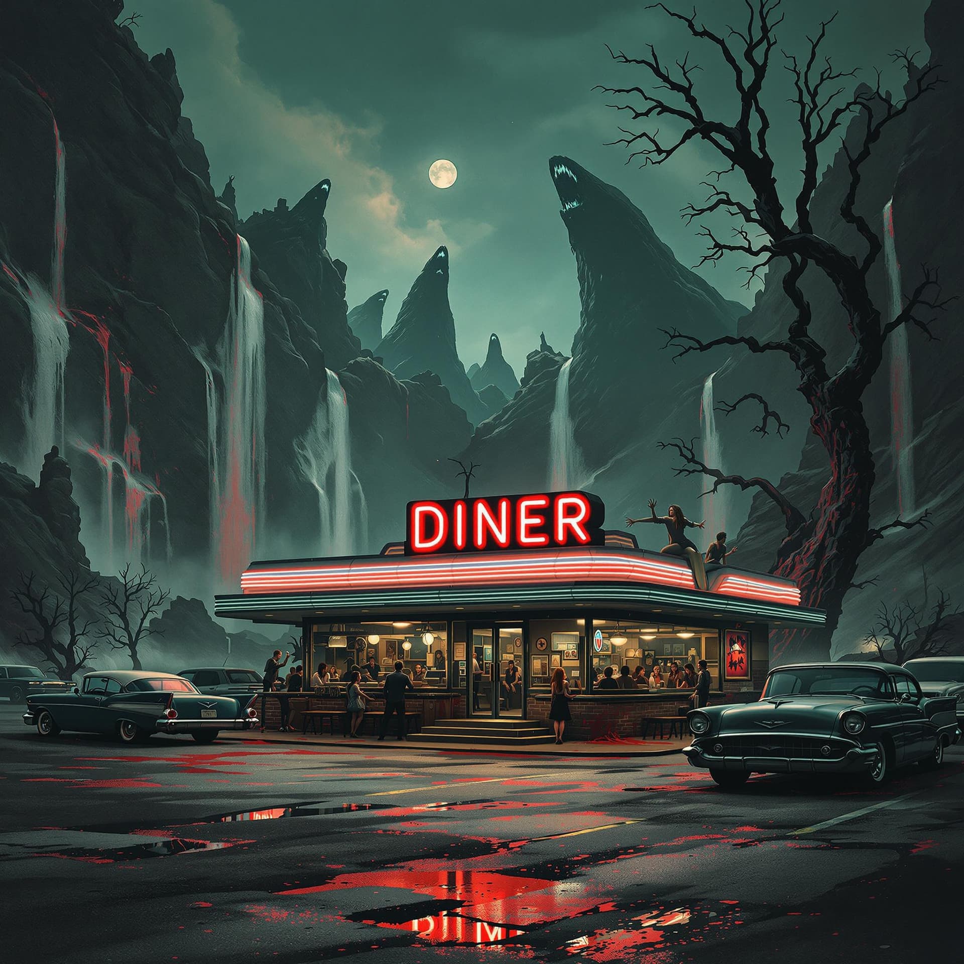 AI generated:  combine the styles of Tom Bagshaw, Leng Jun, John Baeder to create a 1950's diner with patrons and ...