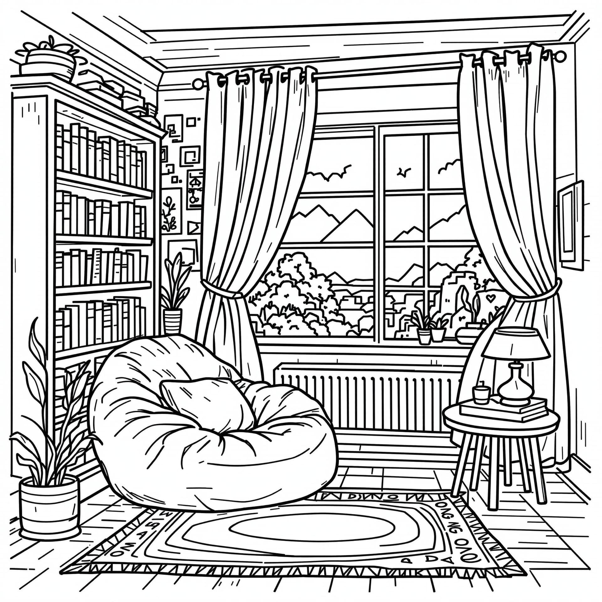 AI generated: High-resolution black-and-white line drawing of a cozy reading nook: Include detailed elements such ...