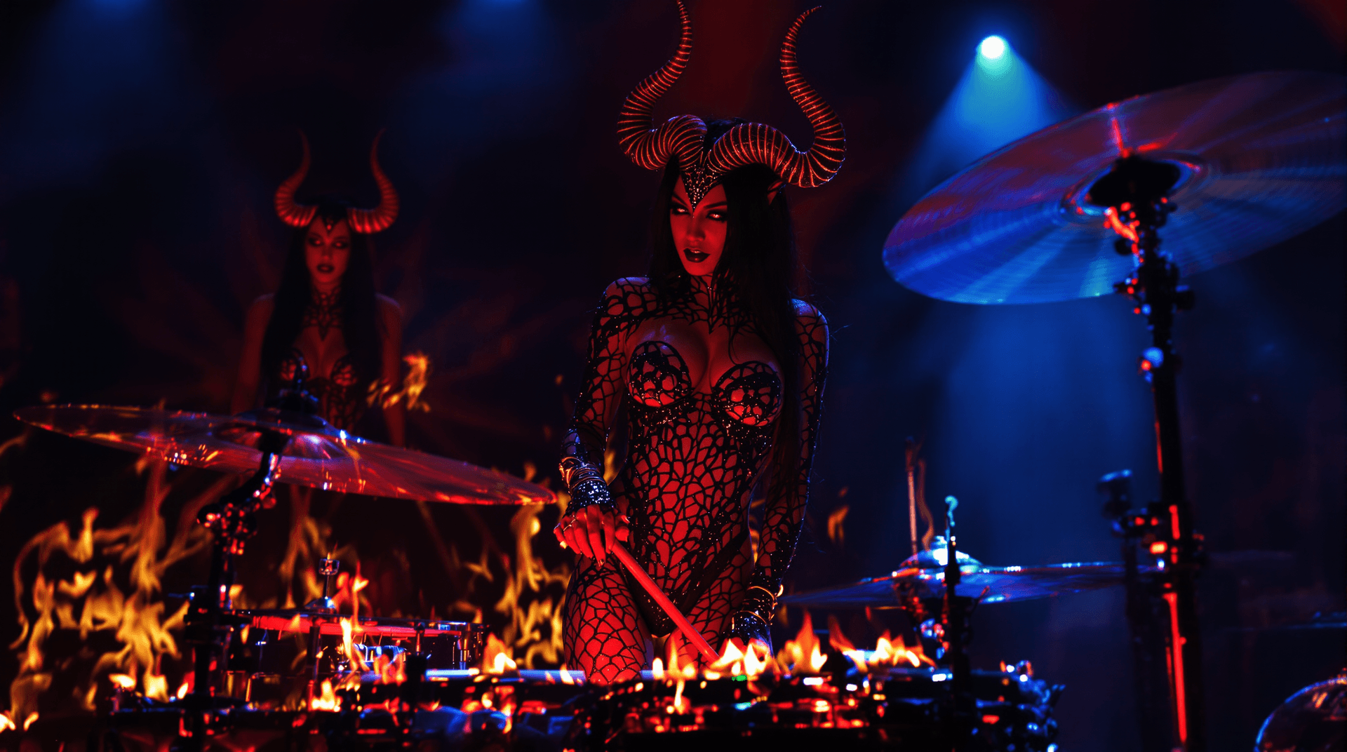 AI generated: Two female demon characters on a dark concert stage:

CHARACTER 1 - LILITH (Frontwoman - Vocal):

Fe...