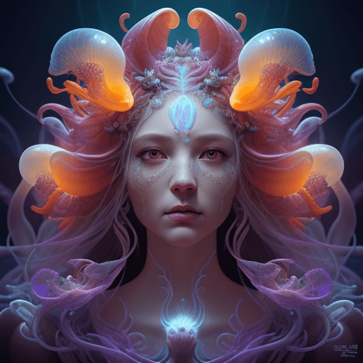 AI generated: Goddess close-up portrait ribcagel. jellyfish phoenix head, nautilus, orchid, skull, betta fish, bio...